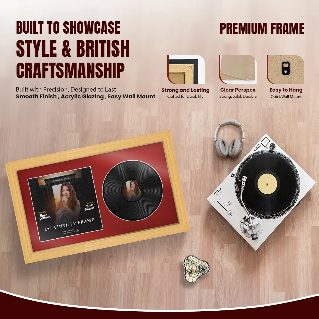 30x17" Classic Country Pine Vinyl Record Frame With Crimson Mount | Displays 12" LP Cover & Disc Side by Side thumbnail 2