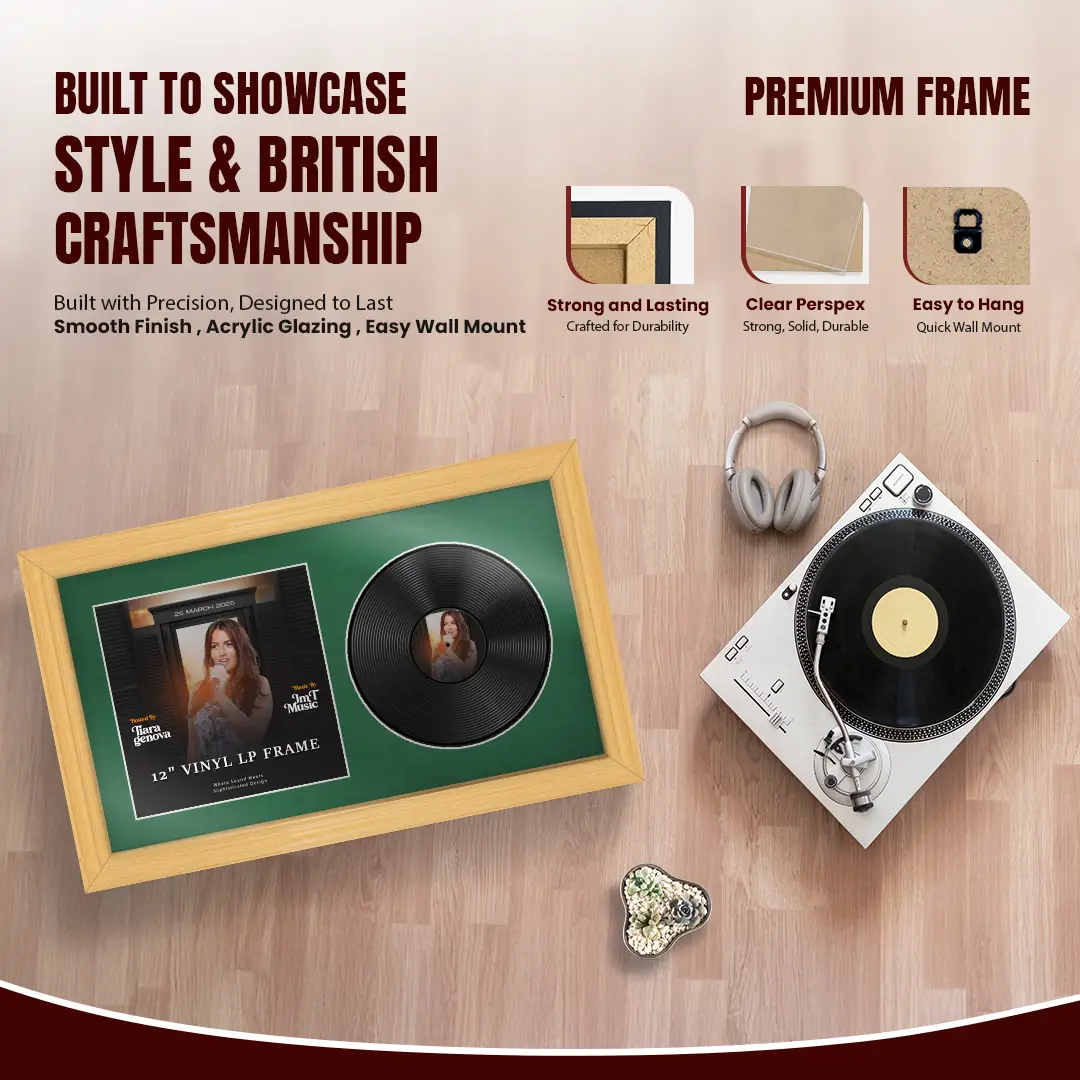 30x17" Classic Country Pine Vinyl Record Frame With Emerald (Green) Mount | Side by Side 12" LP Cover & Disc Display thumbnail 2