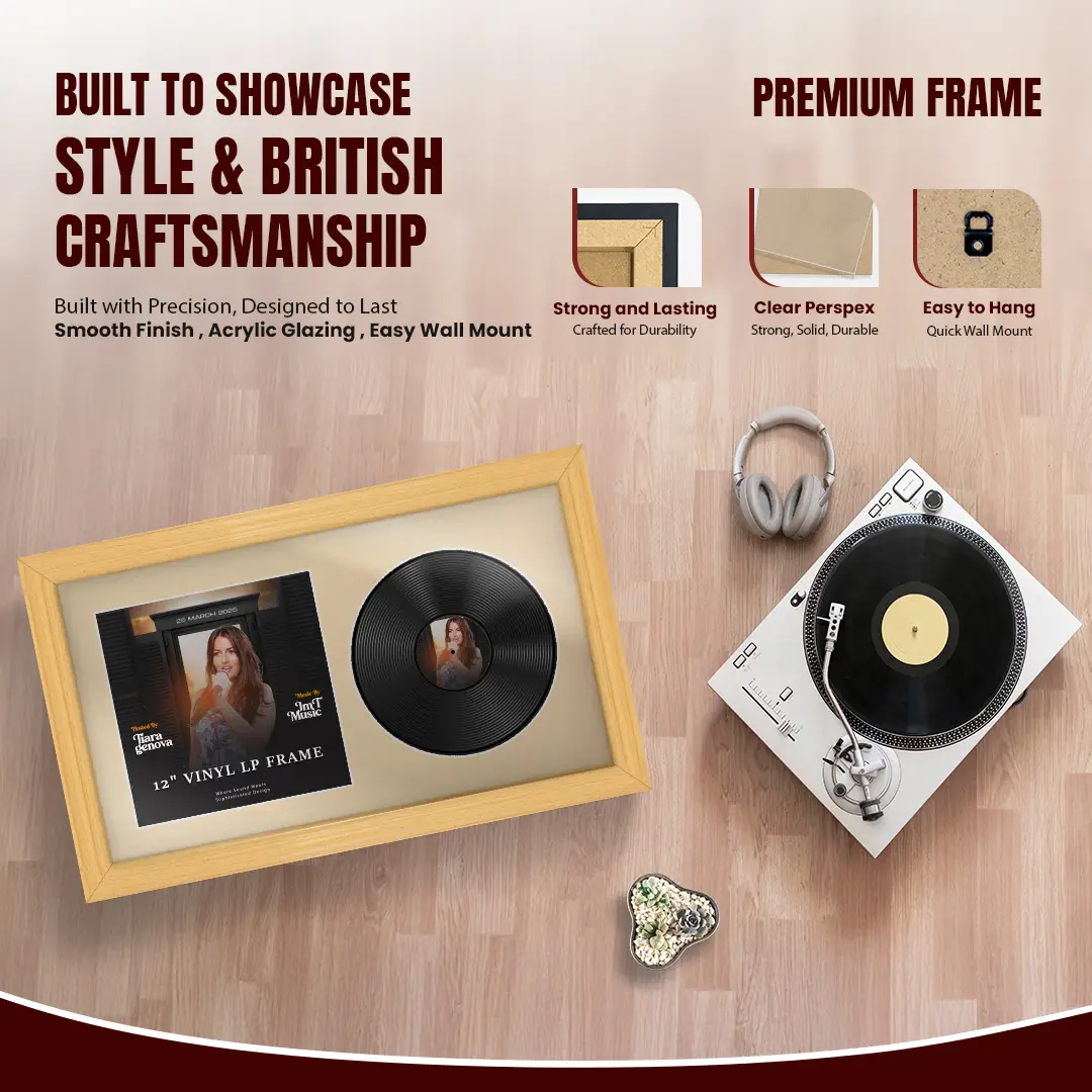 30x17" Classic Country Pine Vinyl Record Frame With Ivory Mount | Side by Side 12" LP Cover & Disc Display thumbnail 2