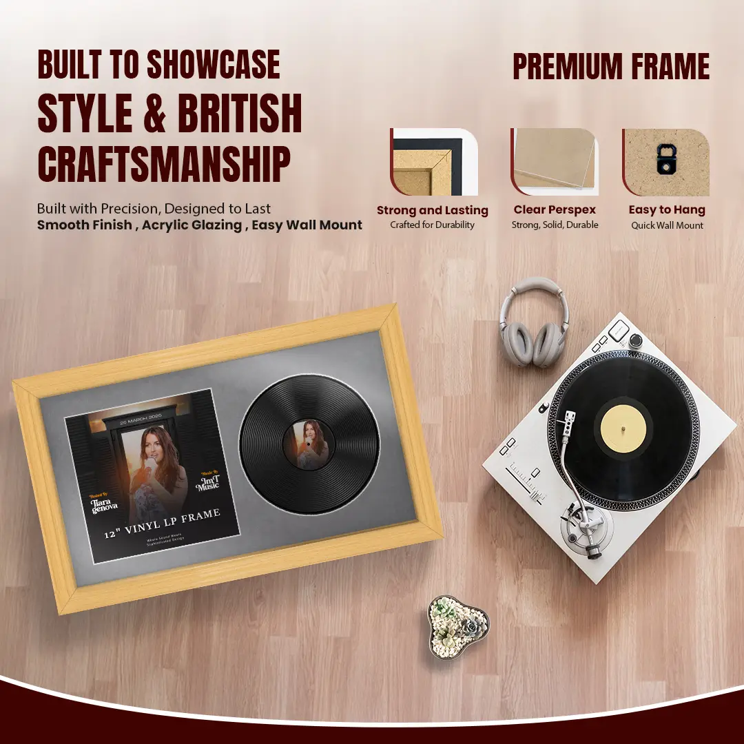 30x17" Classic Country Pine Vinyl Record Frame With Mid Grey Mount | For 12" LP Cover and Disc Side By Side Display thumbnail 2