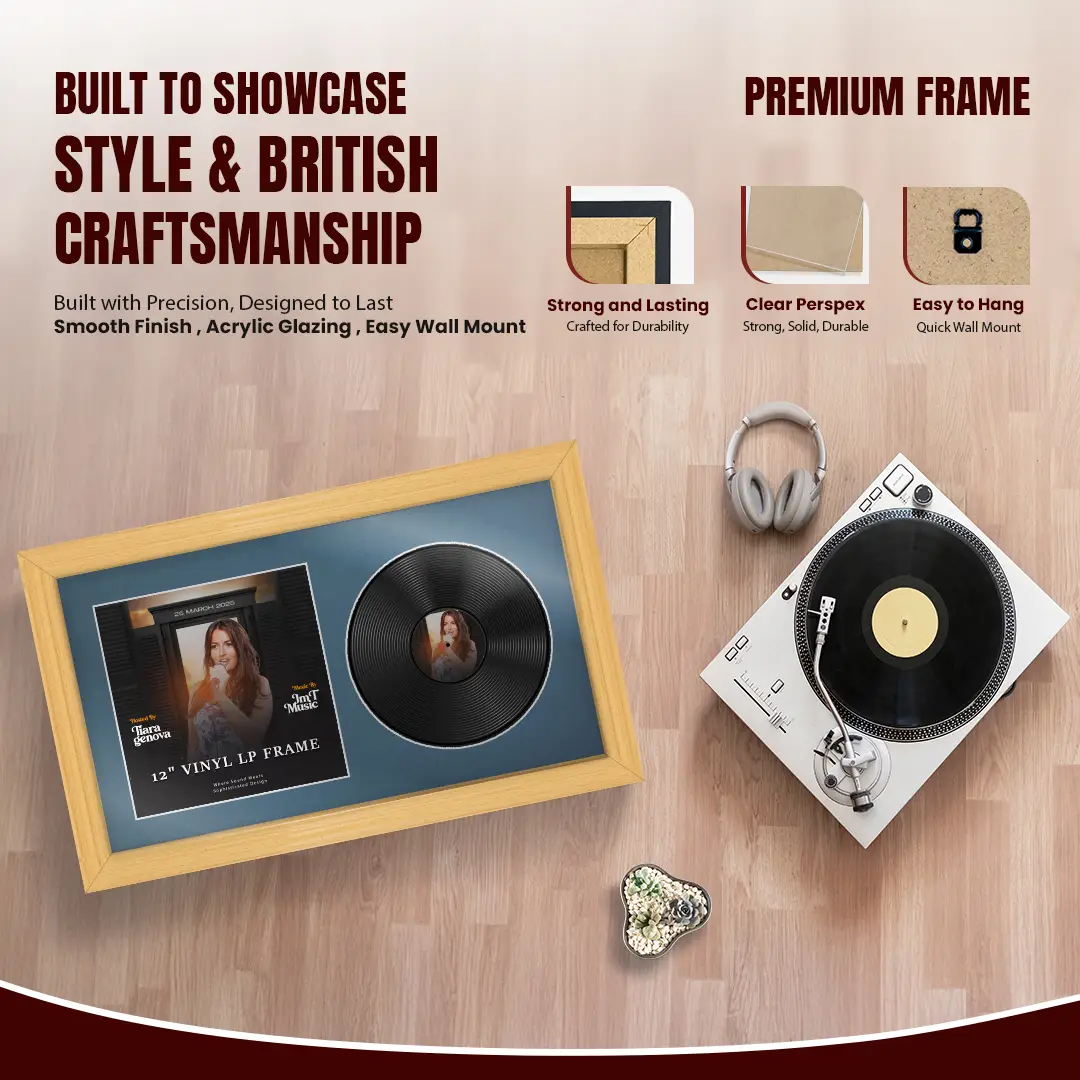 30x17" Classic Country Pine Vinyl Record Frame With Pompador Mount | For 12" LP Cover and Disc Side By Side Display thumbnail 2