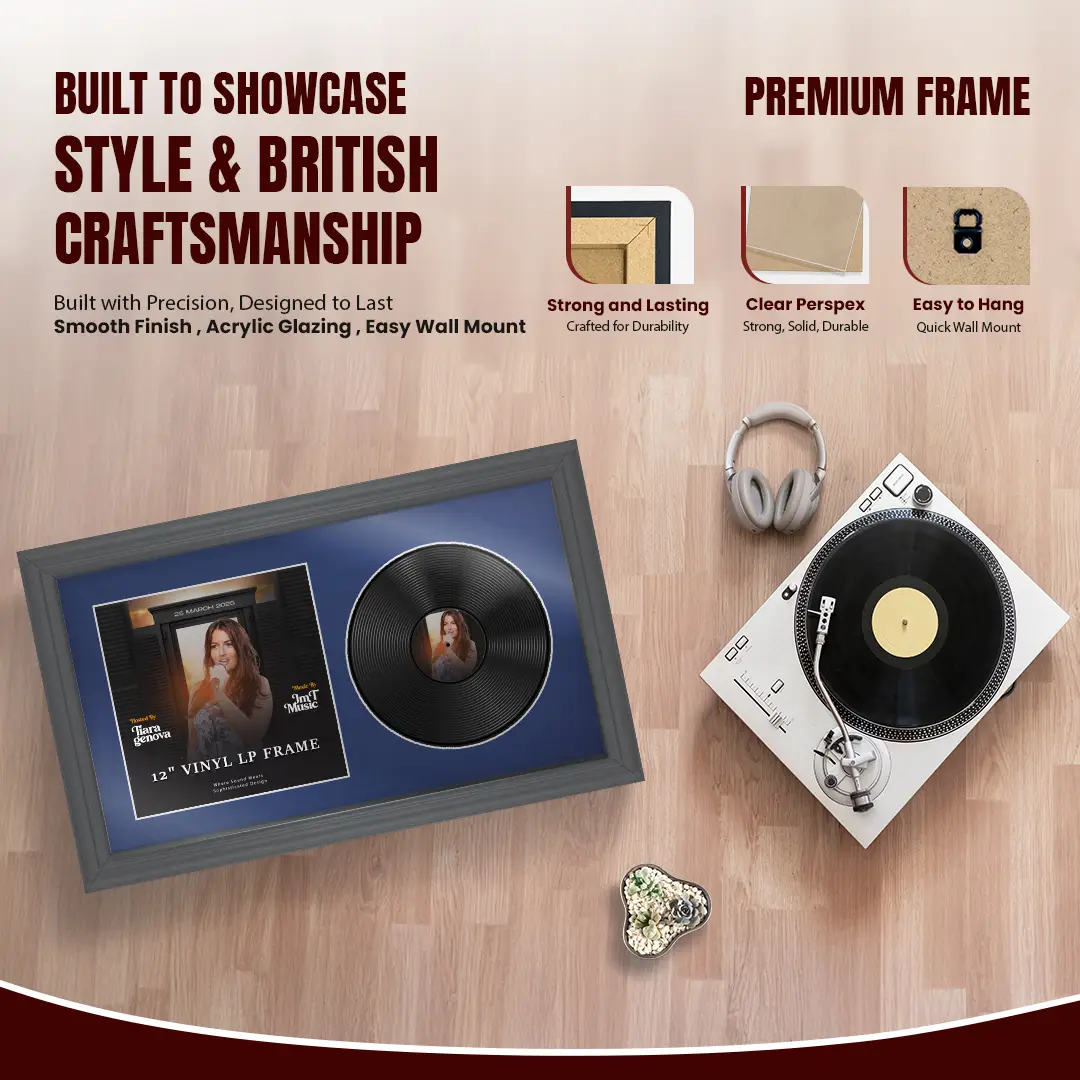 30x17" Classic Dark Grey Vinyl Record Frame With Blue Mount | Side by Side 12" LP Cover & Disc Display thumbnail 2