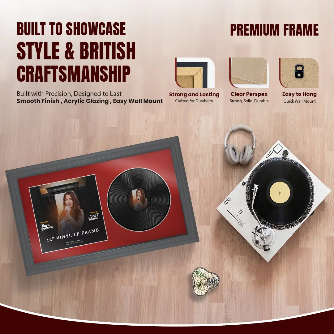 30x17" Classic Dark Grey Vinyl Record Frame With Crimson Mount | For 12" LP Cover and Disc Side By Side Display thumbnail 2