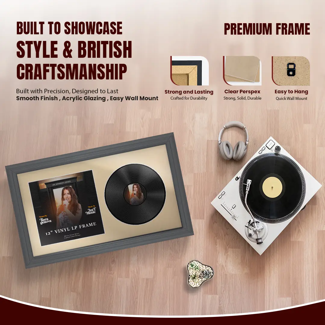 30x17" Classic Dark Grey Vinyl Record Frame With Ivory Mount | Displays 12" LP Cover & Disc Side by Side thumbnail 2