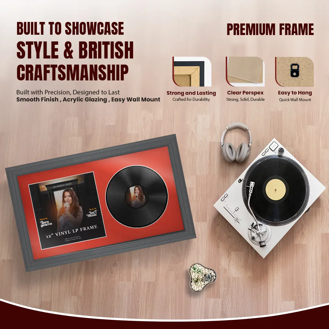 30x17" Classic Dark Grey Vinyl Record Frame With Poppy Red Mount | Side by Side 12" LP Cover & Disc Display thumbnail 2