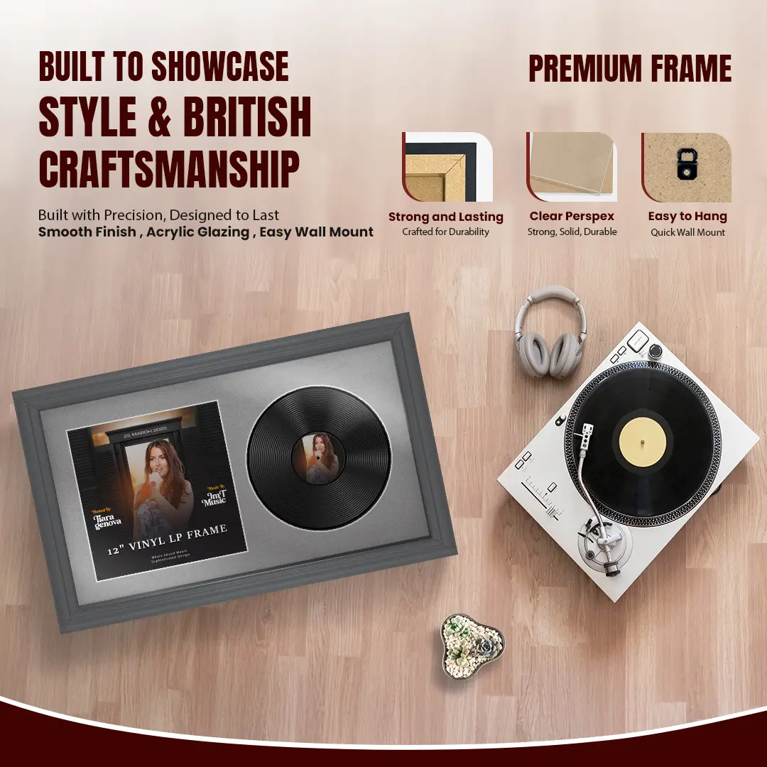30x17" Classic Dark Grey Vinyl Record Frame With Silver Mount | Displays 12" LP Cover & Disc Side by Side thumbnail 2