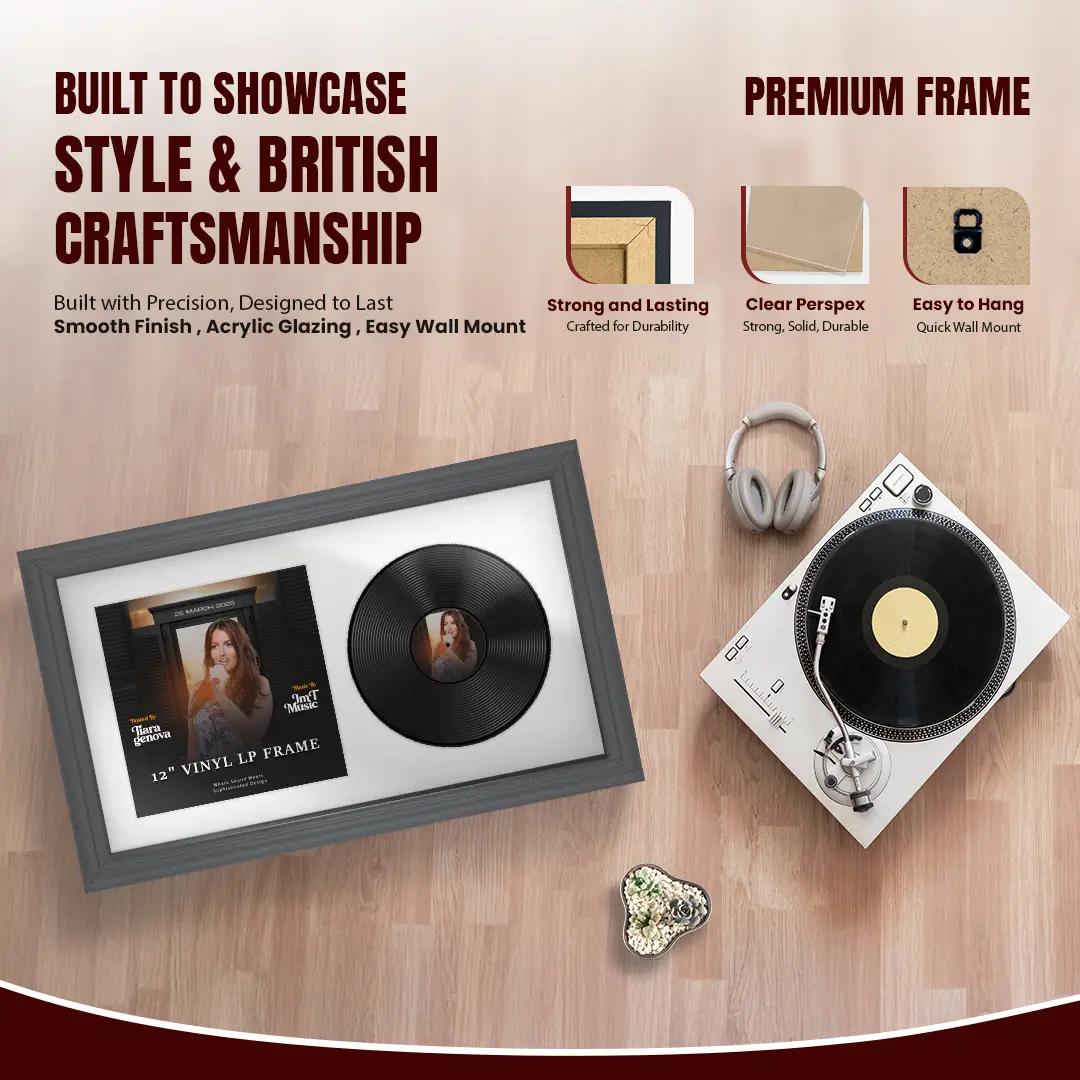30x17" Classic Dark Grey Vinyl Record Frame With Ice White Mount | Displays 12" LP Cover & Disc Side by Side thumbnail 2