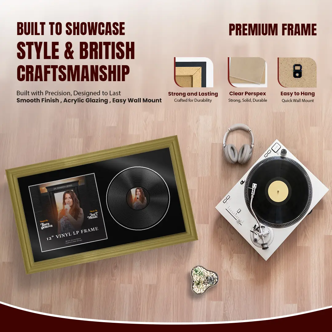 30x17" Classic Gold Vinyl Record Frame With Black Mount | Side by Side 12" LP Cover & Disc Display thumbnail 2