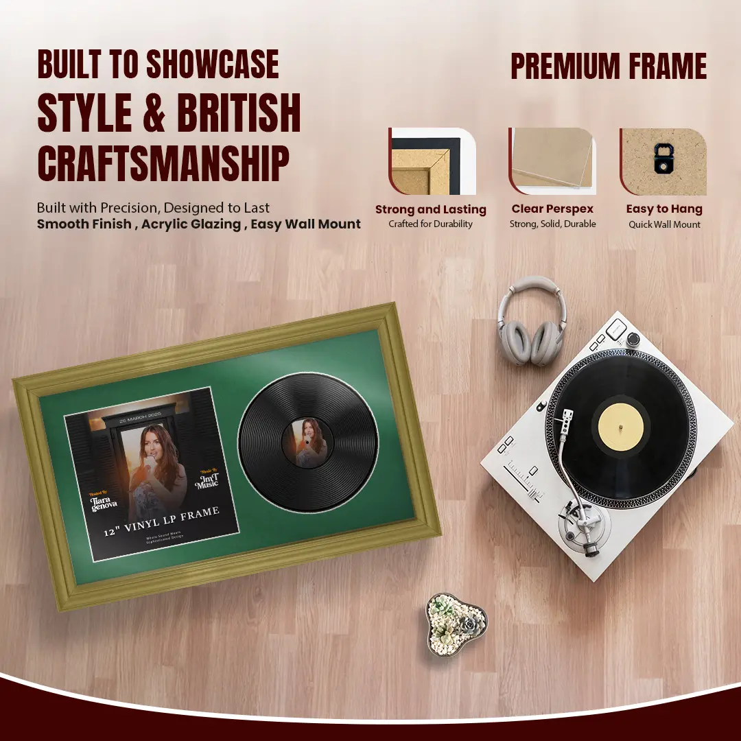 30x17" Classic Gold Vinyl Record Frame With Emerald (Green) Mount | For 12" LP Cover and Disc Side By Side Display thumbnail 2