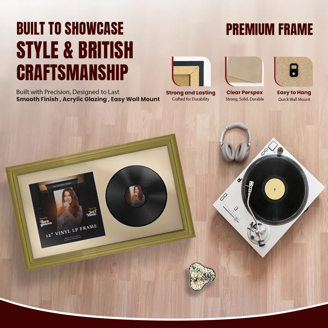 30x17" Classic Gold Vinyl Record Frame With Ivory Mount | Displays 12" LP Cover & Disc Side by Side thumbnail 2