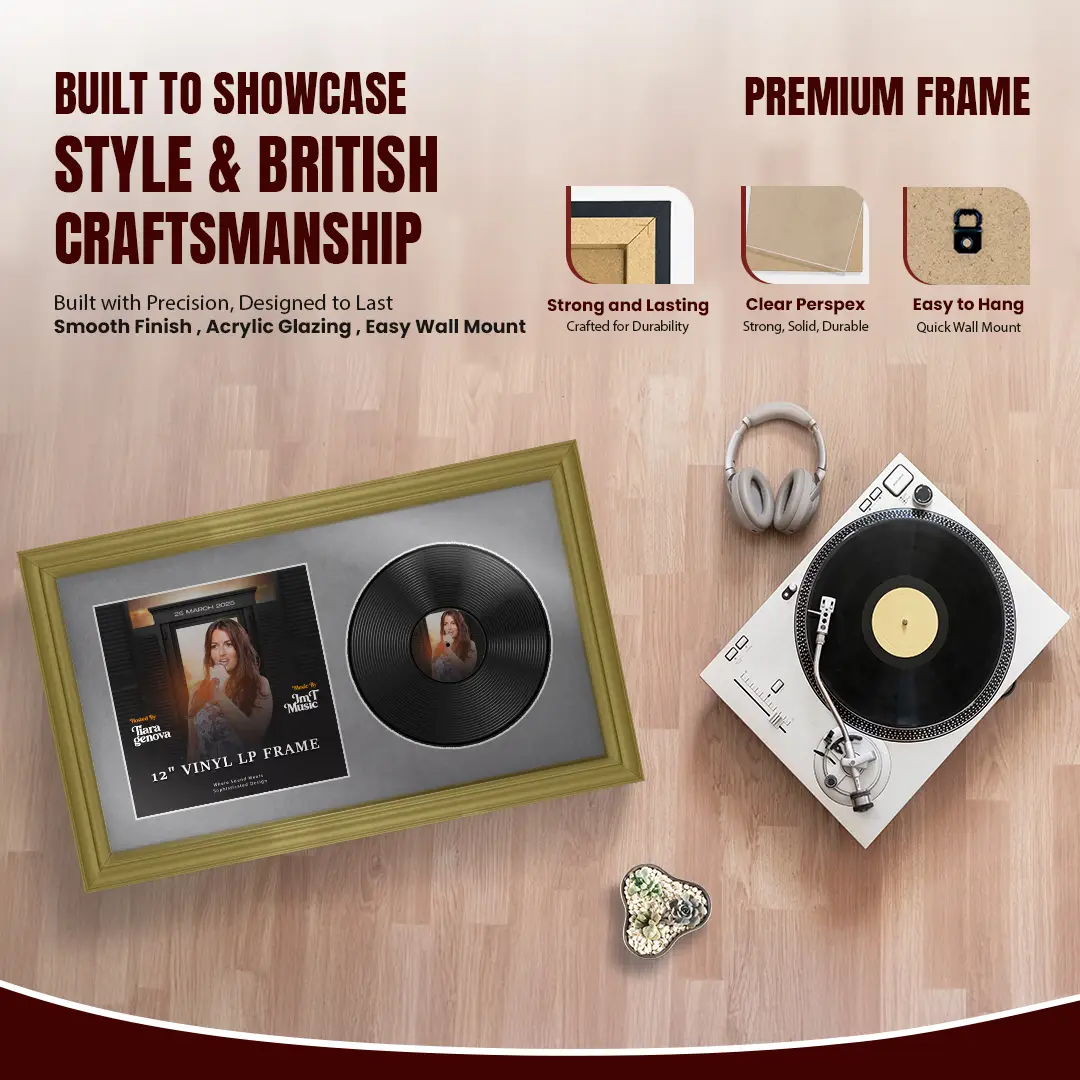 30x17" Classic Gold Vinyl Record Frame With Mid Grey Mount | For 12" LP Cover and Disc Side By Side Display thumbnail 2