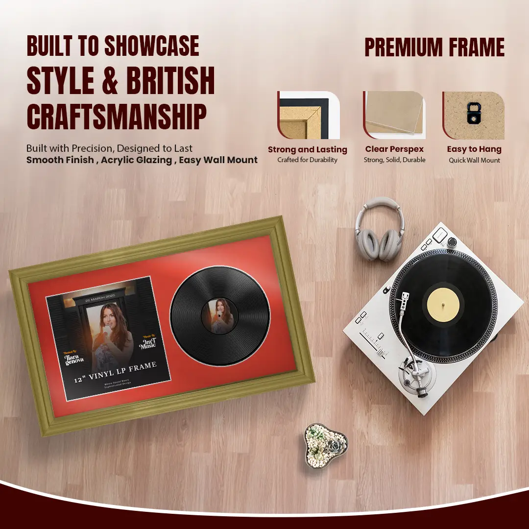 30x17" Classic Gold Vinyl Record Frame With Poppy Red Mount | Side by Side 12" LP Cover & Disc Display thumbnail 2
