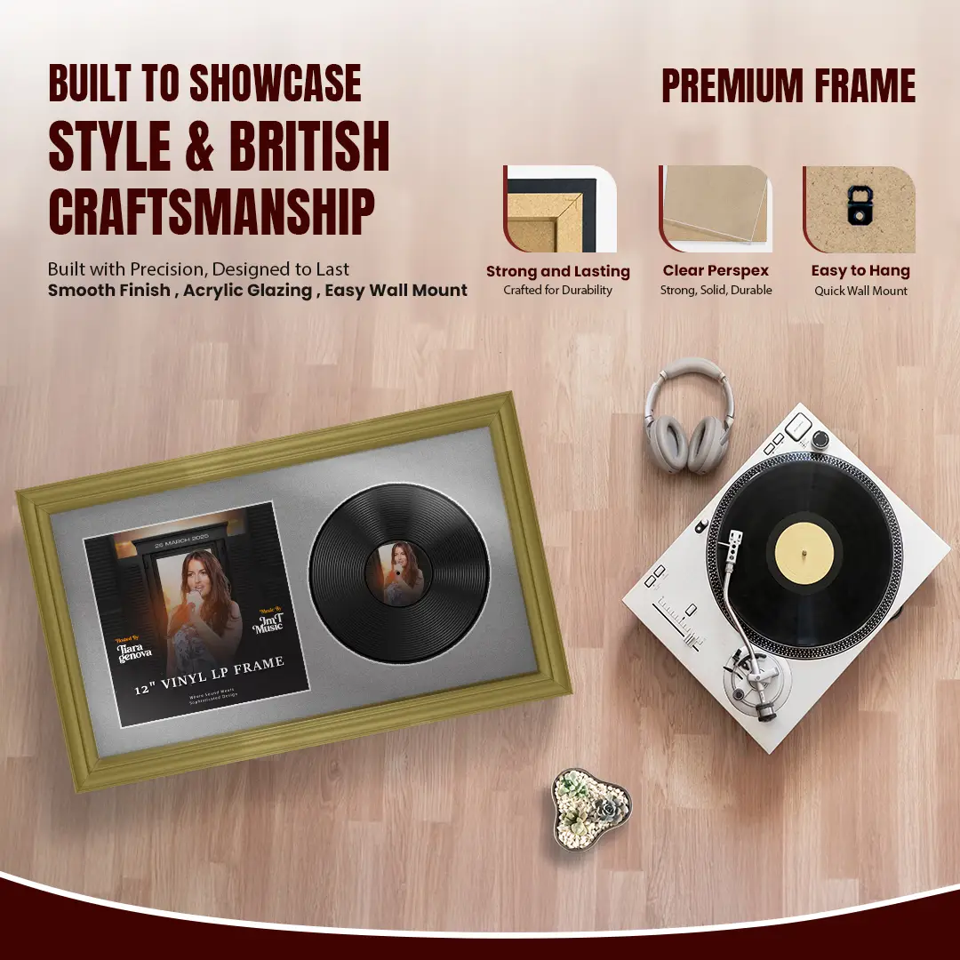 30x17" Classic Gold Vinyl Record Frame With Silver Mount | Displays 12" LP Cover & Disc Side by Side thumbnail 2