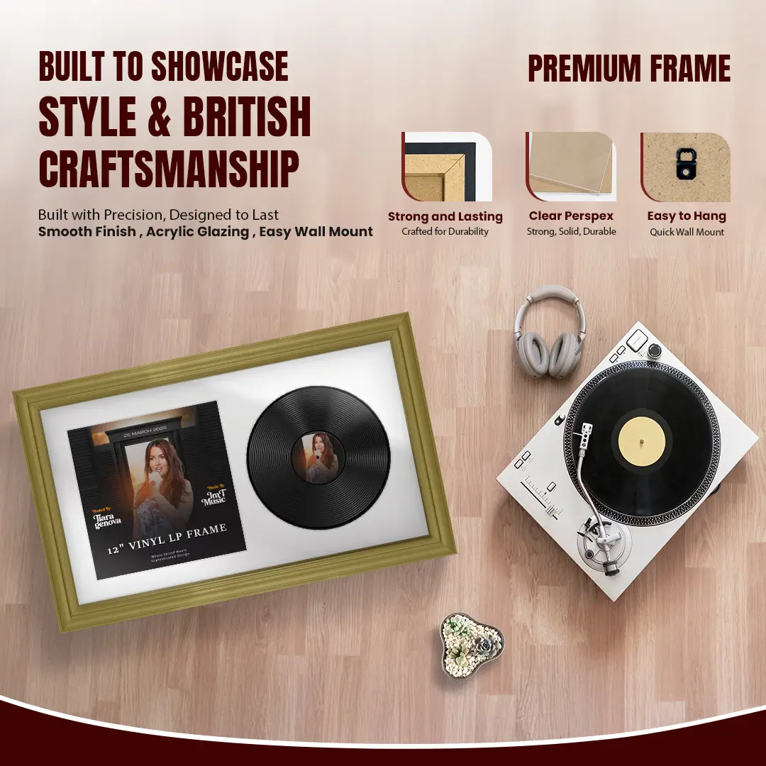 30x17" Classic Gold Vinyl Record Frame With Ice White Mount | Side by Side 12" LP Cover & Disc Display thumbnail 2