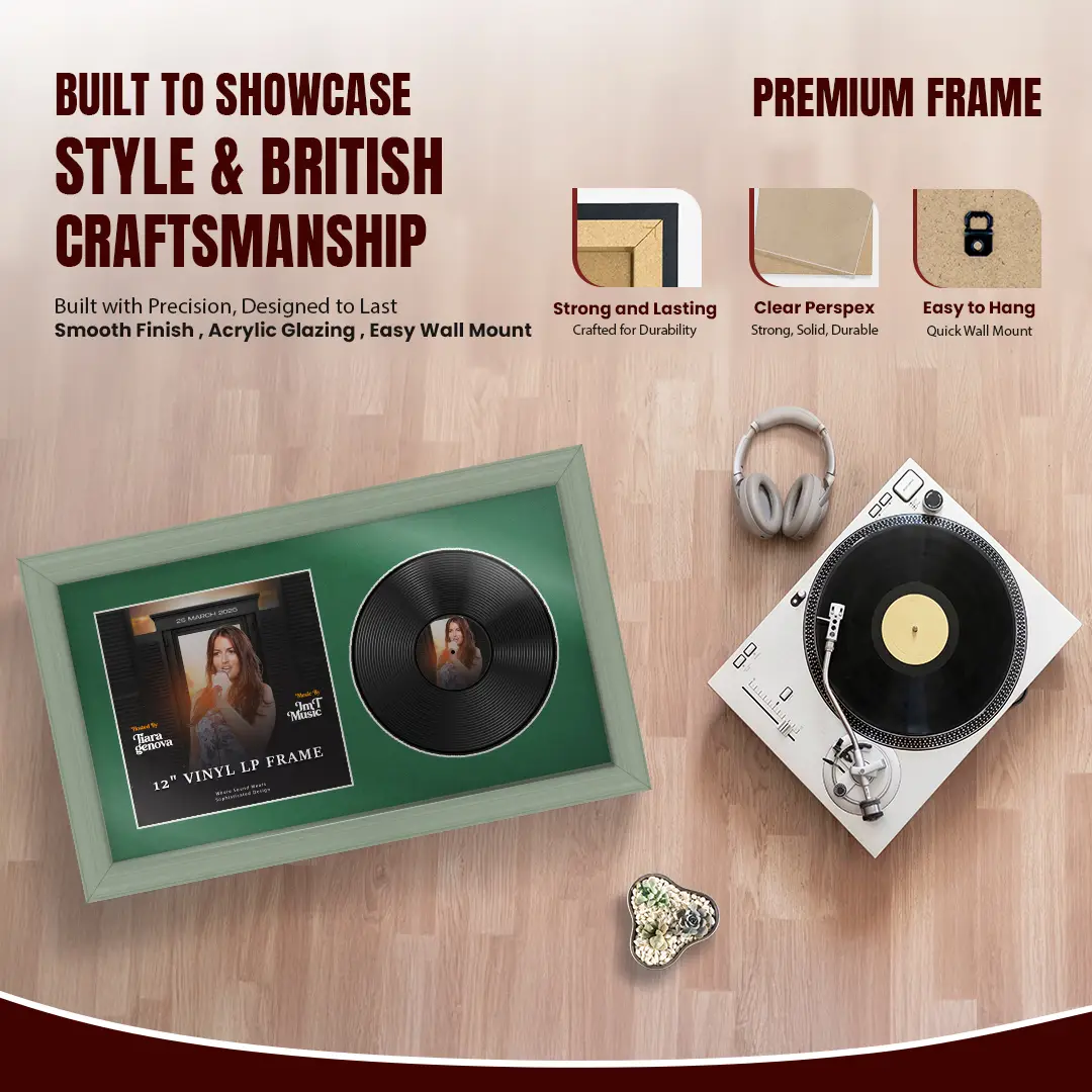 30x17" Classic Green Vinyl Record Frame With Emerald (Green) Mount | Side by Side 12" LP Cover & Disc Display thumbnail 2