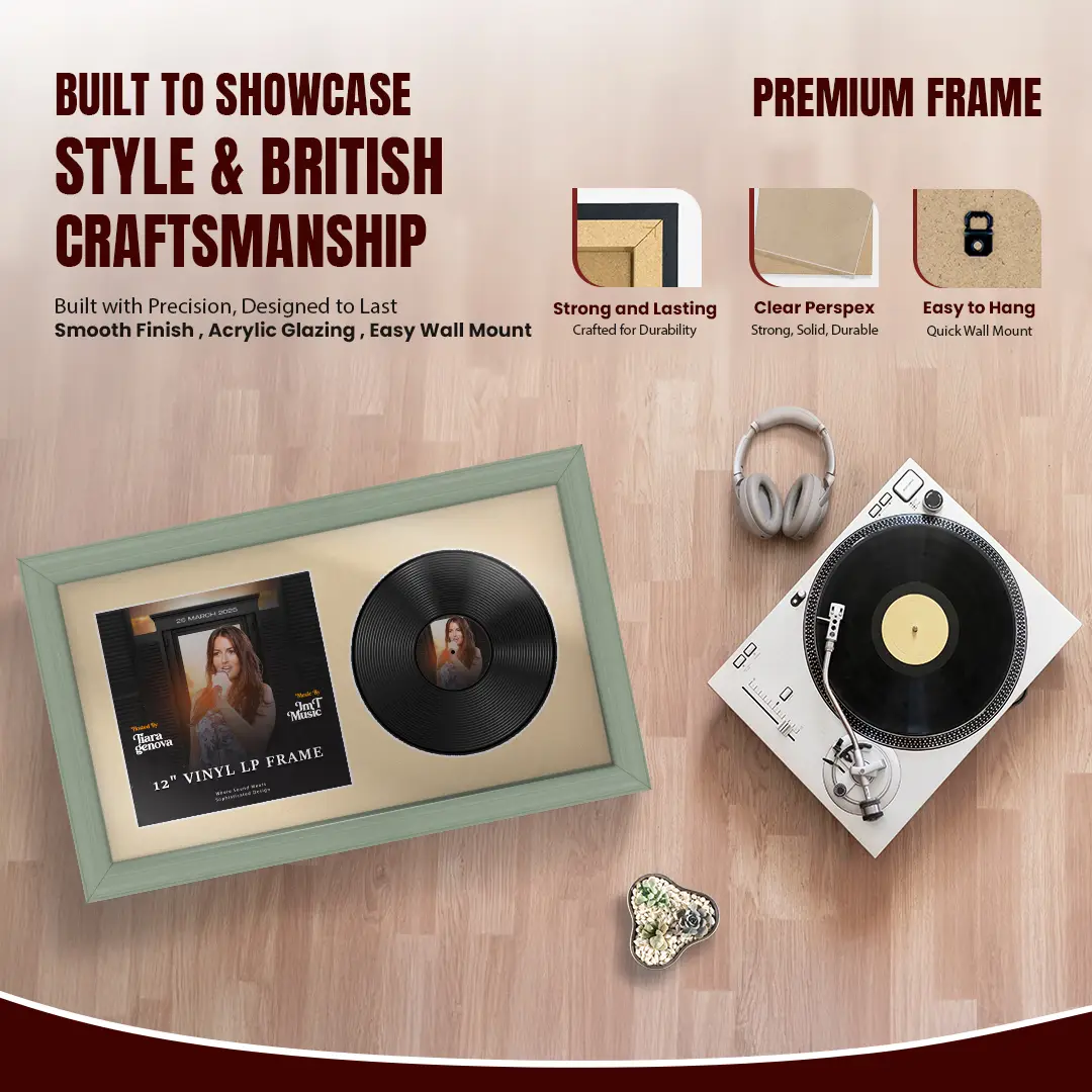 30x17" Classic Green Vinyl Record Frame With Ivory Mount | Displays 12" LP Cover & Disc Side by Side thumbnail 2