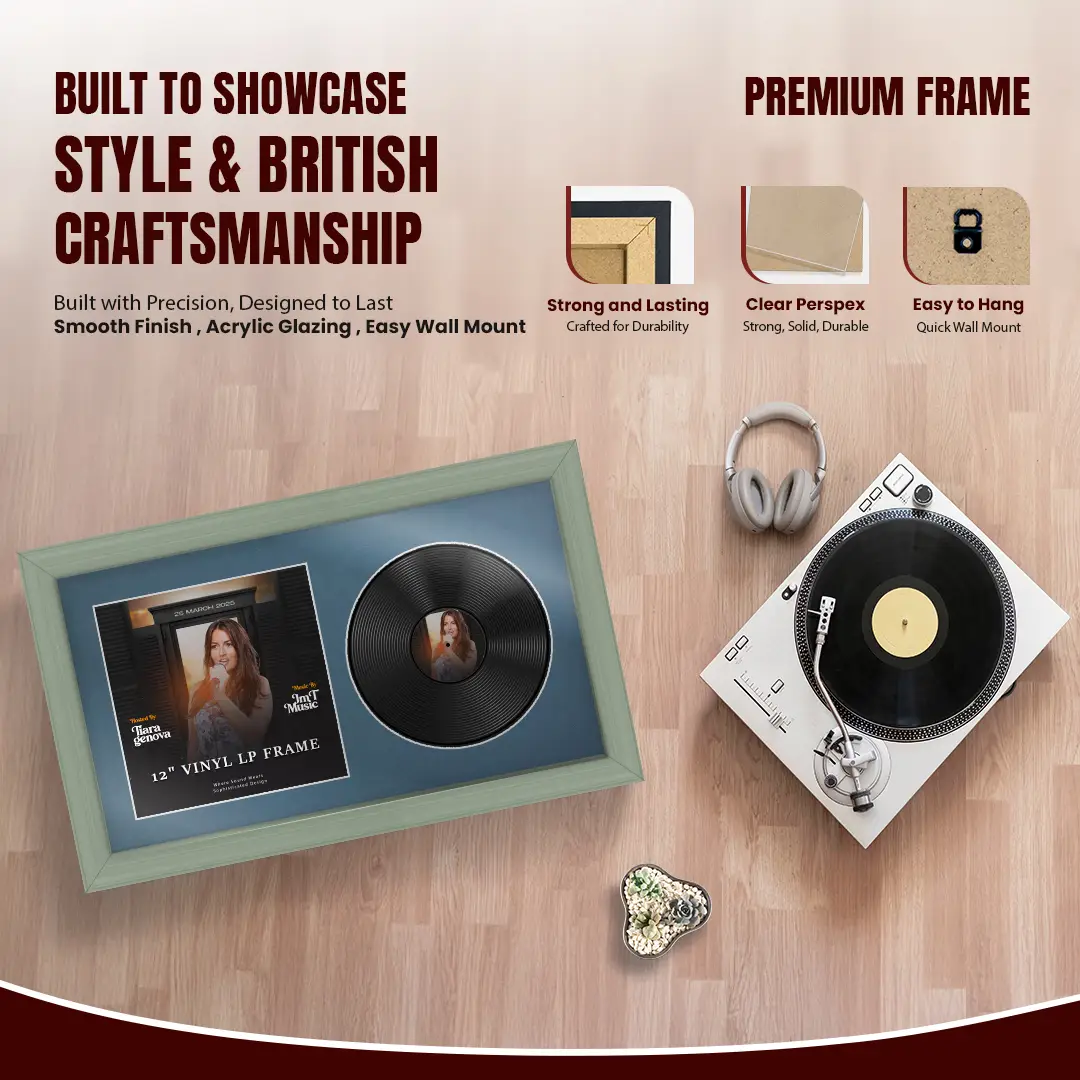 30x17" Classic Green Vinyl Record Frame With Pompador Mount | Displays 12" LP Cover & Disc Side by Side thumbnail 2