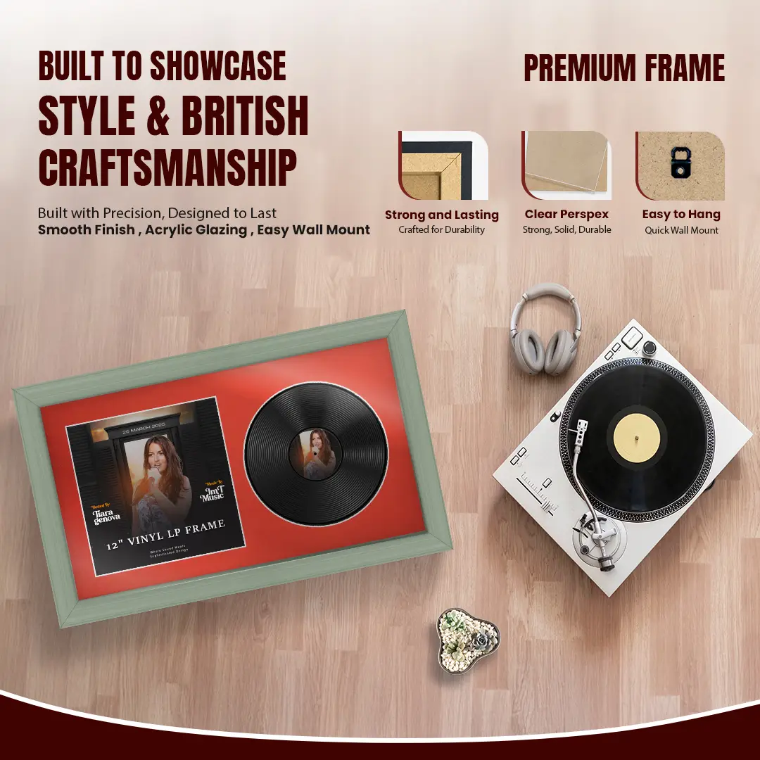 30x17" Classic Green Vinyl Record Frame With Poppy Red Mount | Side by Side 12" LP Cover & Disc Display thumbnail 2