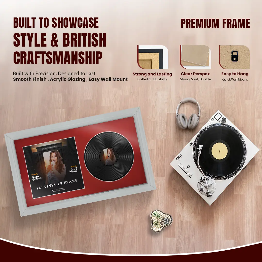 30x17" Classic Light Grey Vinyl Record Frame With Crimson Mount | Side by Side 12" LP Cover & Disc Display thumbnail 2