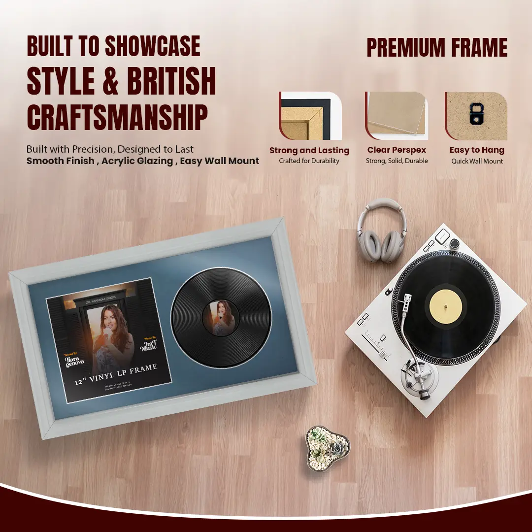 30x17" Classic Light Grey Vinyl Record Frame With Pompador Mount | Displays 12" LP Cover & Disc Side by Side thumbnail 2
