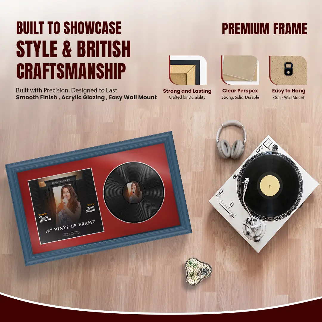 30x17" Classic Navy Blue Vinyl Record Frame With Crimson Mount | For 12" LP Cover and Disc Side By Side Display thumbnail 2