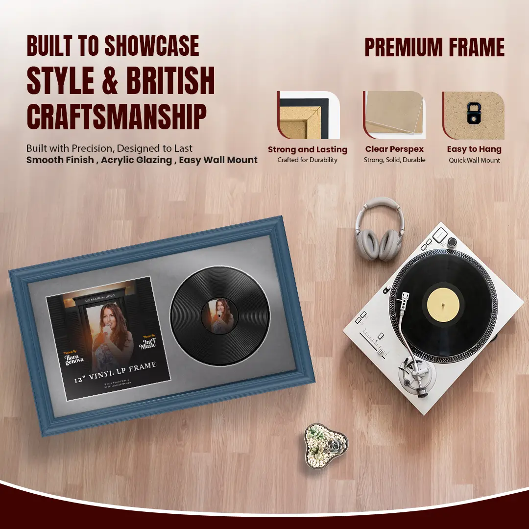 30x17" Classic Navy Blue Vinyl Record Frame With Mid Grey Mount | Displays 12" LP Cover & Disc Side by Side thumbnail 2