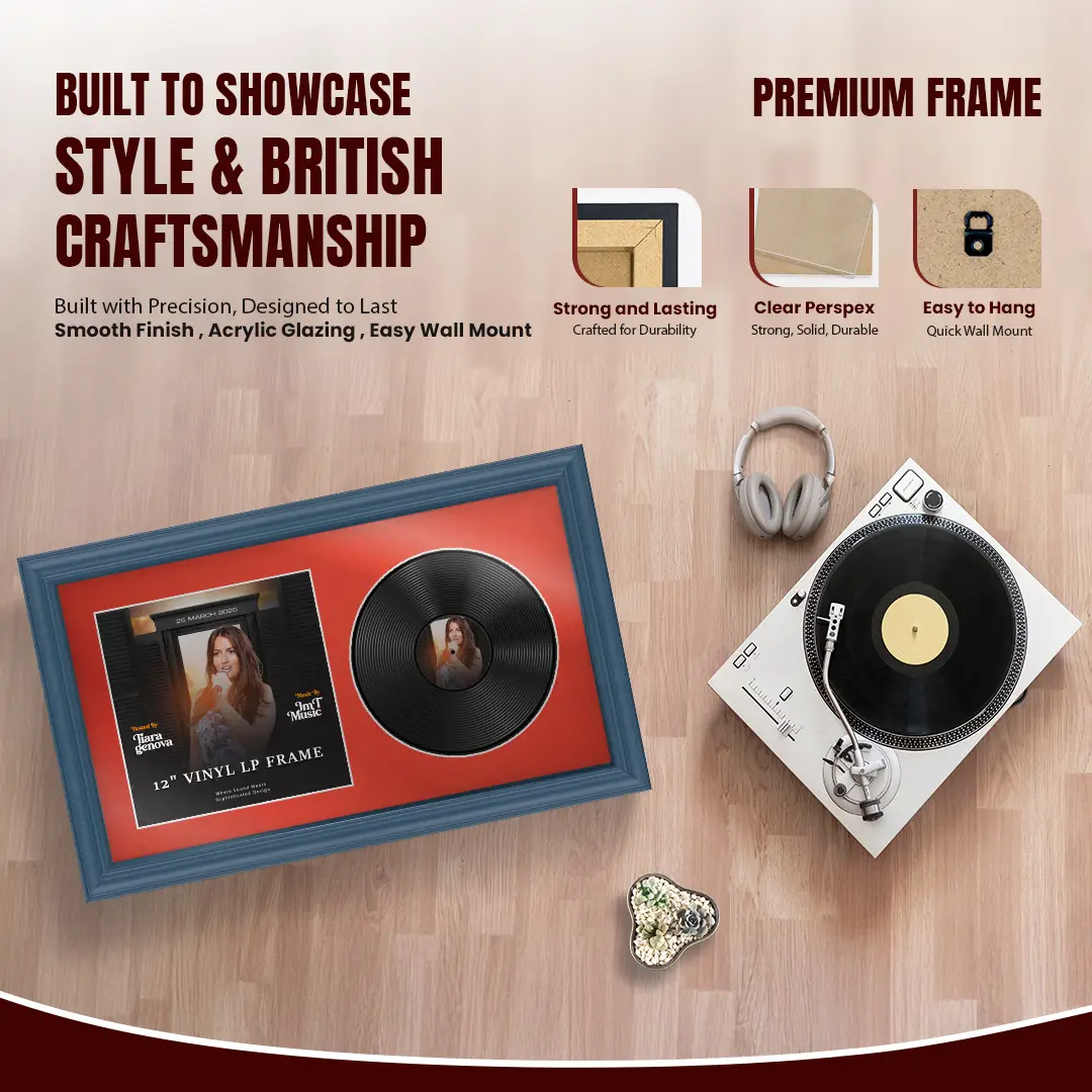 30x17" Classic Navy Blue Vinyl Record Frame With Poppy Red Mount | Displays 12" LP Cover & Disc Side by Side thumbnail 2