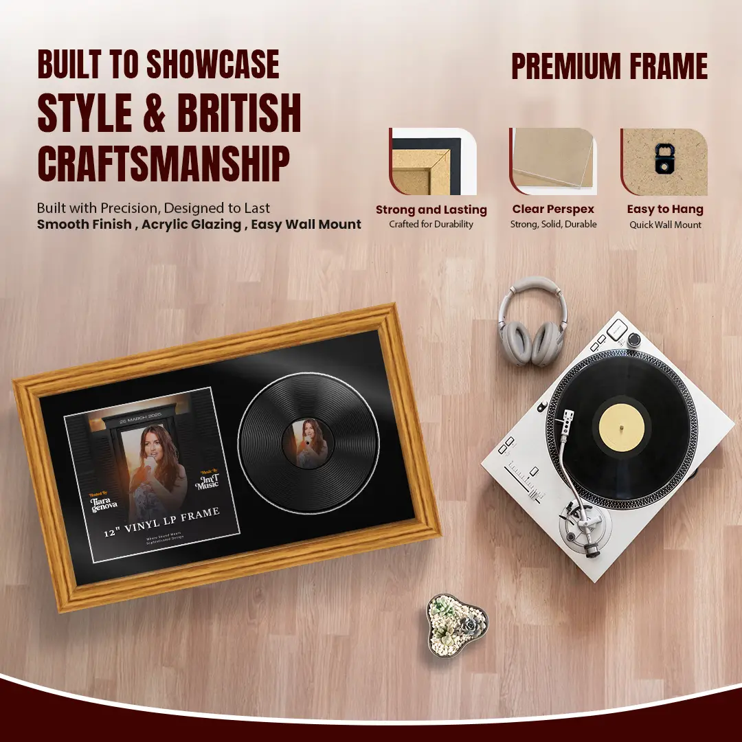 30x17" Classic Oak Vinyl Record Frame With Black Mount | For 12" LP Cover and Disc Side By Side Display thumbnail 2