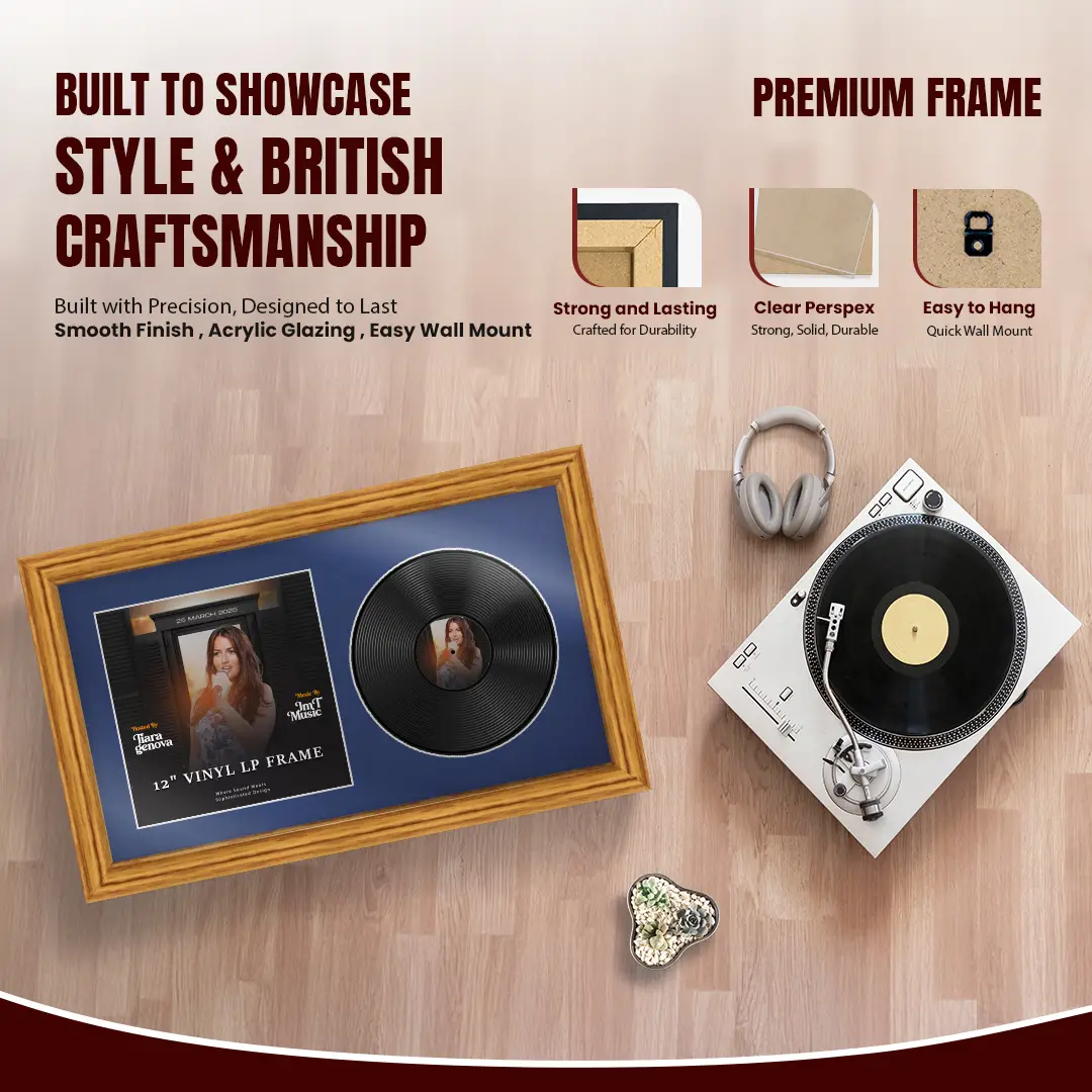 30x17" Classic Oak Vinyl Record Frame With Blue Mount | Displays 12" LP Cover & Disc Side by Side thumbnail 2