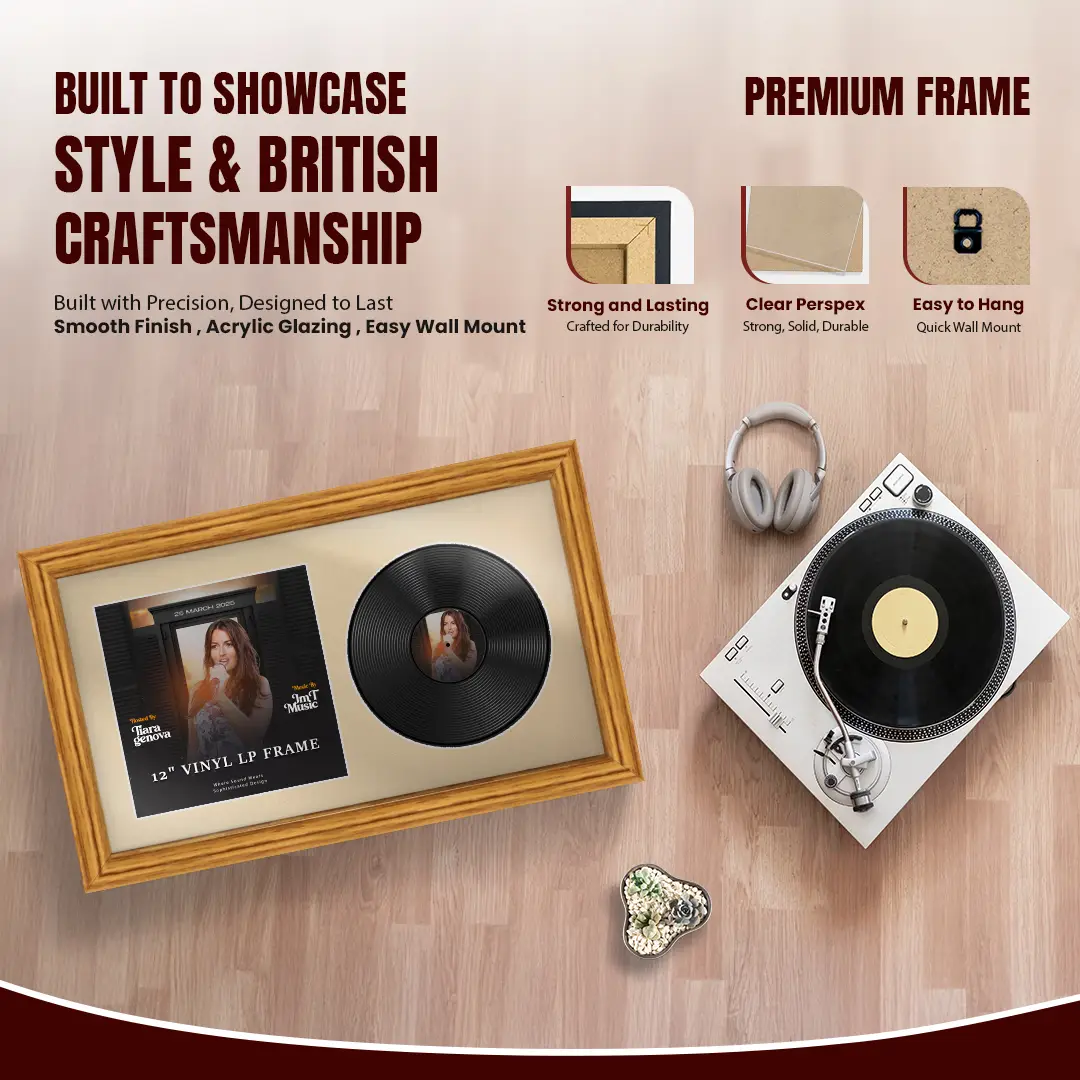 30x17" Classic Oak Vinyl Record Frame With Ivory Mount | Side by Side 12" LP Cover & Disc Display thumbnail 2