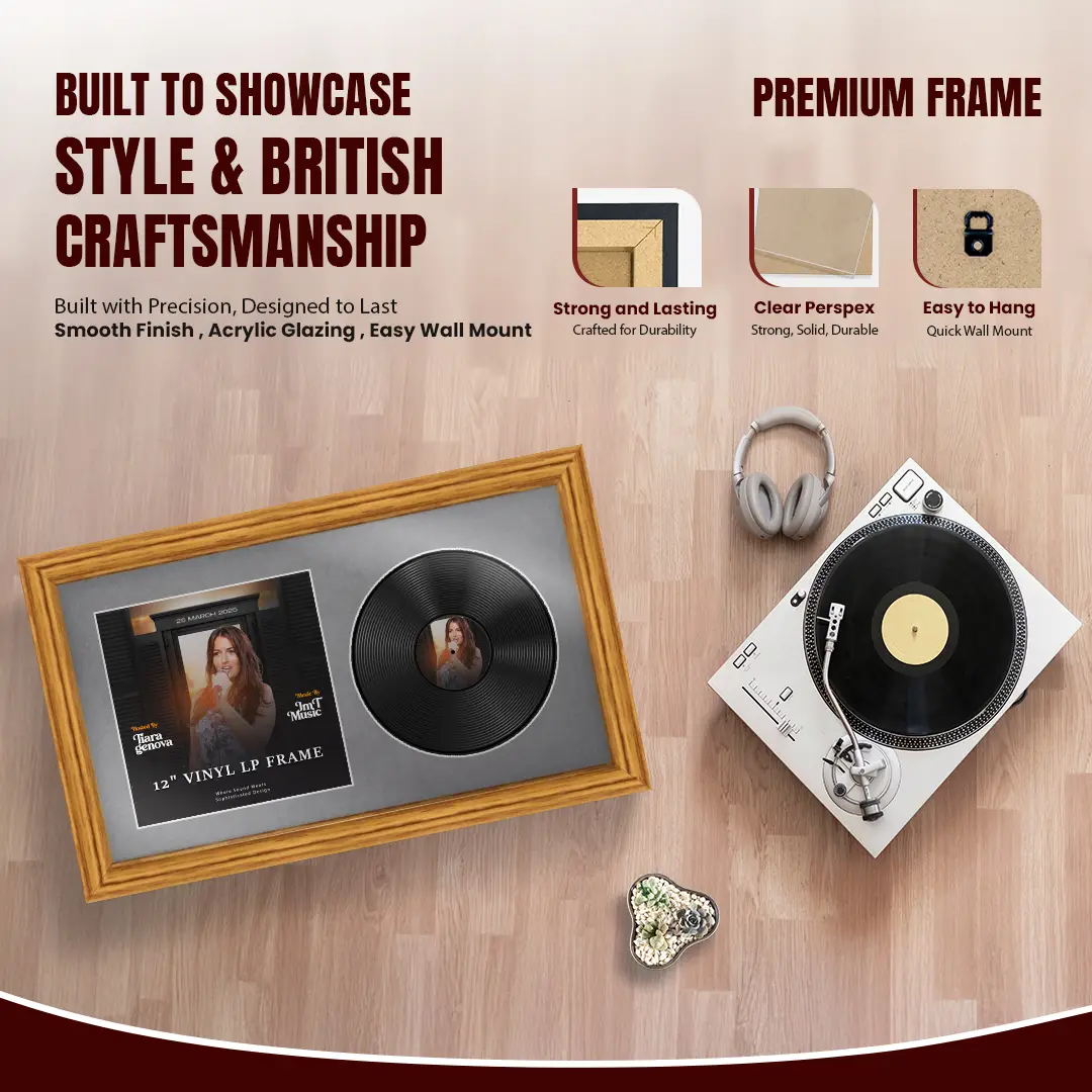30x17" Classic Oak Vinyl Record Frame With Mid Grey Mount | Displays 12" LP Cover & Disc Side by Side thumbnail 2