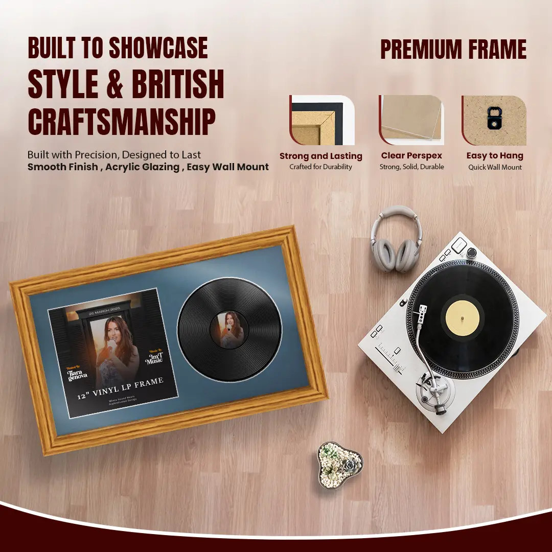 30x17" Classic Oak Vinyl Record Frame With Pompador Mount | Displays 12" LP Cover & Disc Side by Side thumbnail 2