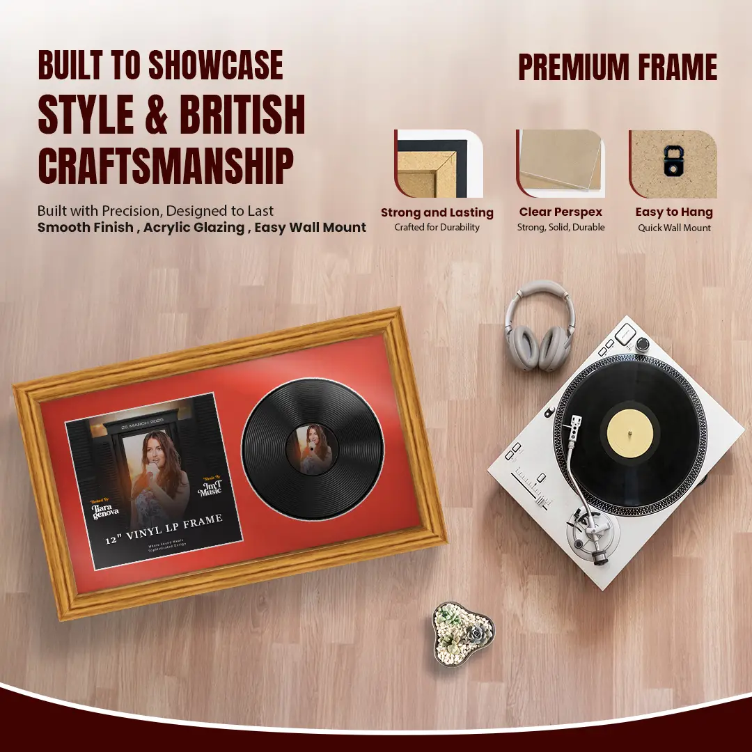 30x17" Classic Oak Vinyl Record Frame With Poppy Red Mount | Displays 12" LP Cover & Disc Side by Side thumbnail 2