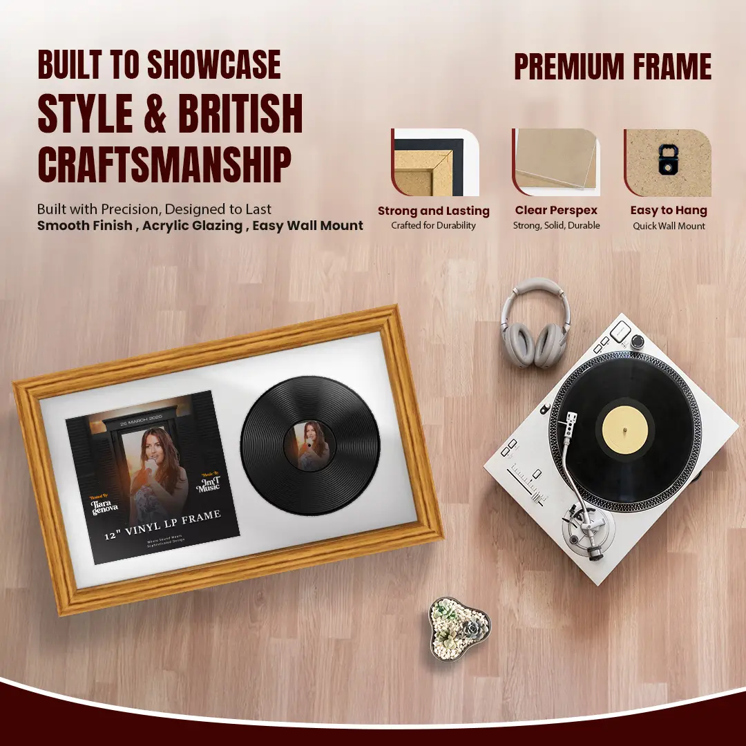 30x17" Classic Oak Vinyl Record Frame With Ice White Mount | Side by Side 12" LP Cover & Disc Display thumbnail 2