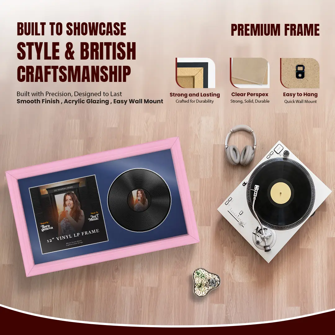 30x17" Classic Pastel Pink Vinyl Record Frame With Blue Mount | For 12" LP Cover and Disc Side By Side Display thumbnail 2