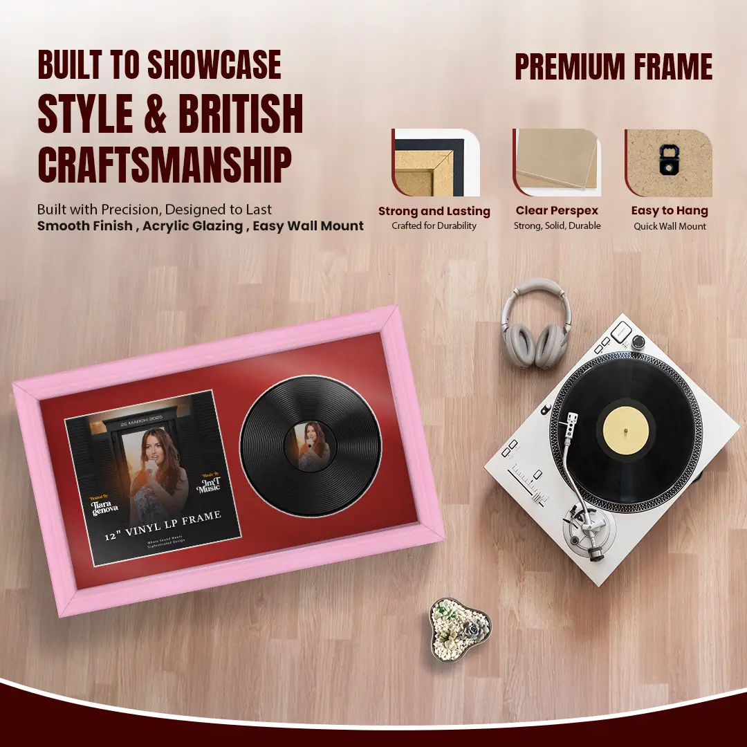 30x17" Classic Pastel Pink Vinyl Record Frame With Poppy Red Mount | Side by Side 12" LP Cover & Disc Display thumbnail 2