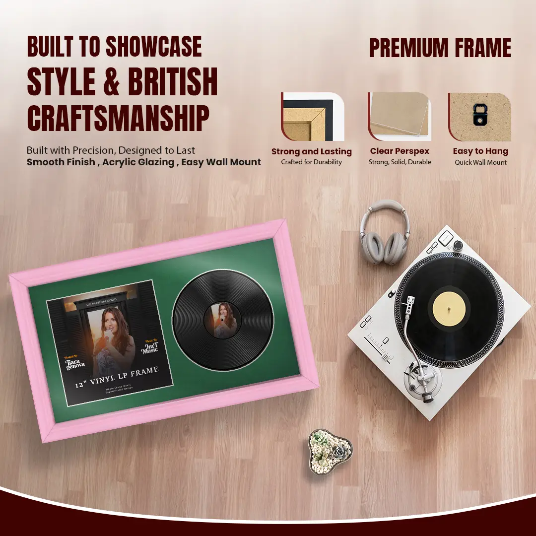 30x17" Classic Pastel Pink Vinyl Record Frame With Emerald (Green) Mount | Side by Side 12" LP Cover & Disc Display thumbnail 2