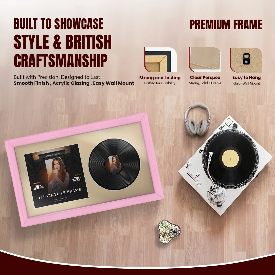 30x17" Classic Pastel Pink Vinyl Record Frame With Ivory Mount | Side by Side 12" LP Cover & Disc Display thumbnail 2