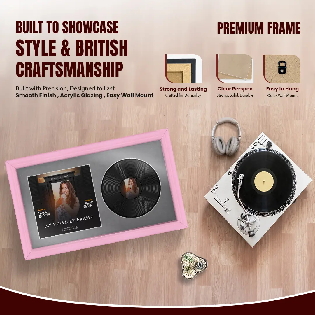 30x17" Classic Pastel Pink Vinyl Record Frame With Mid Grey Mount | Side by Side 12" LP Cover & Disc Display thumbnail 2
