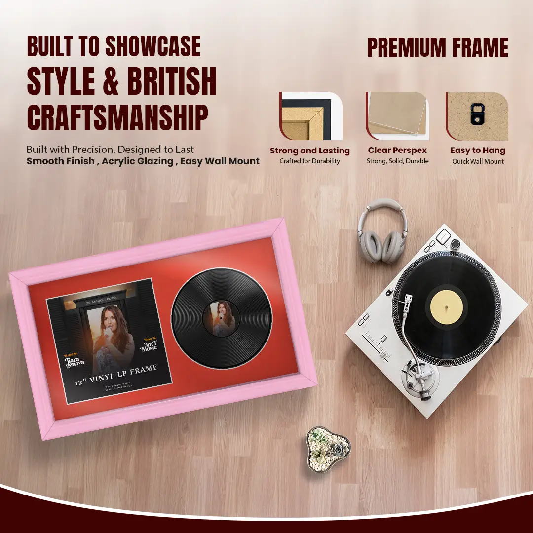 30x17" Classic Pastel Pink Vinyl Record Frame With Poppy Red Mount | For 12" LP Cover and Disc Side By Side Display thumbnail 2