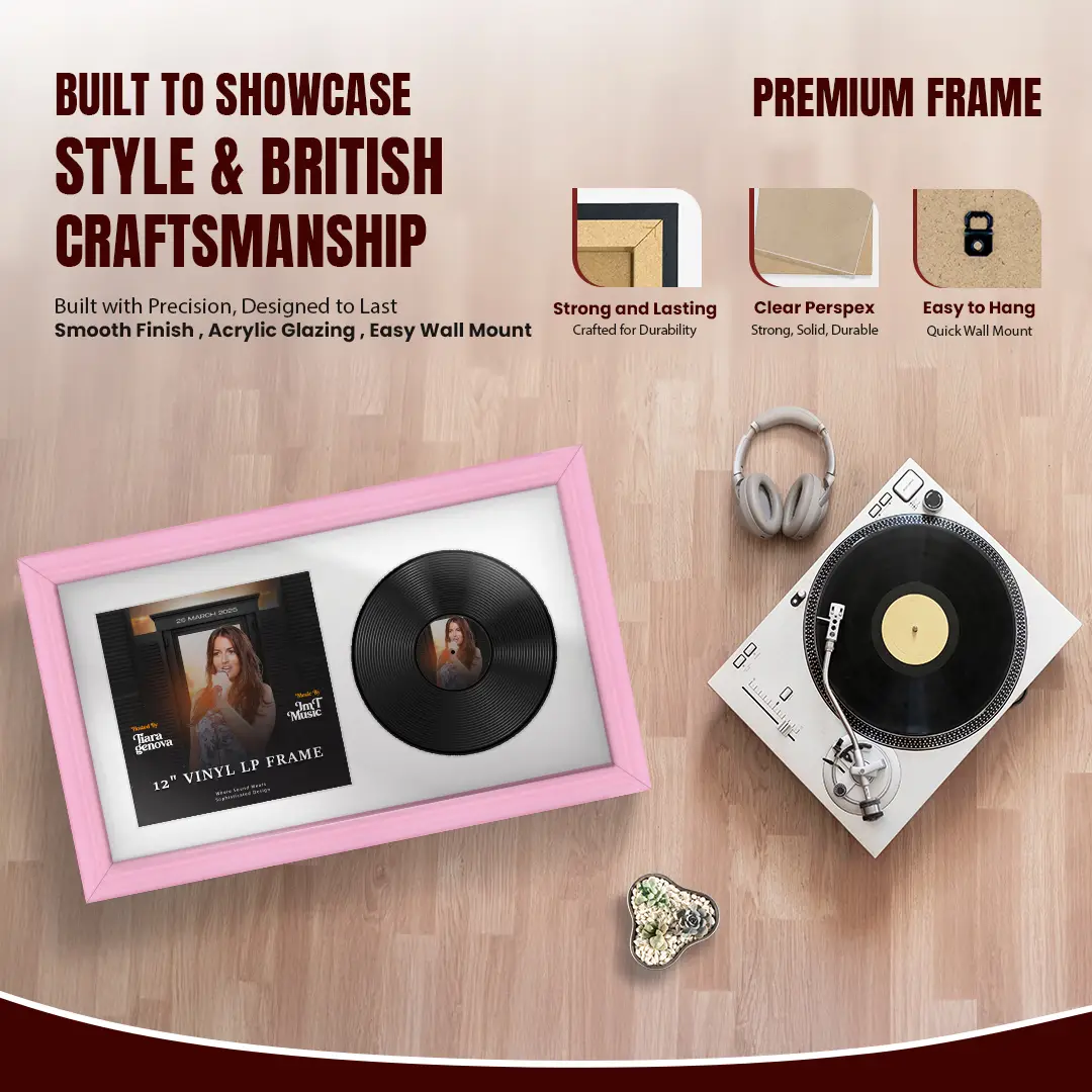 30x17" Classic Pastel Pink Vinyl Record Frame With Ice White Mount | Displays 12" LP Cover & Disc Side by Side thumbnail 2