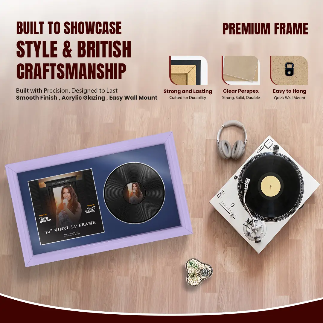 30x17" Classic Purple Vinyl Record Frame With Blue Mount | For 12" LP Cover and Disc Side By Side Display thumbnail 2