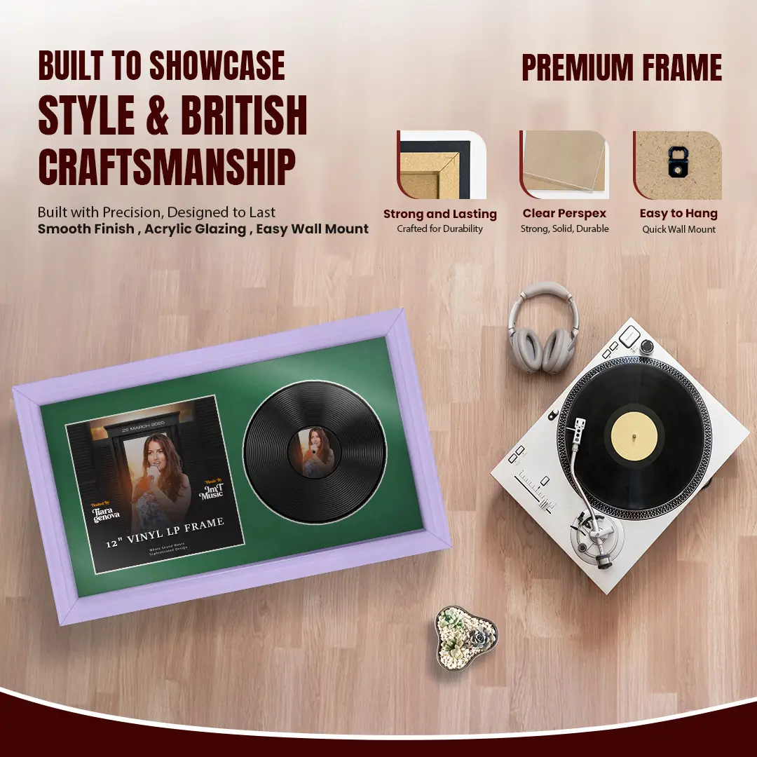 30x17" Classic Purple Vinyl Record Frame With Emerald (Green) Mount | Side by Side 12" LP Cover & Disc Display thumbnail 2