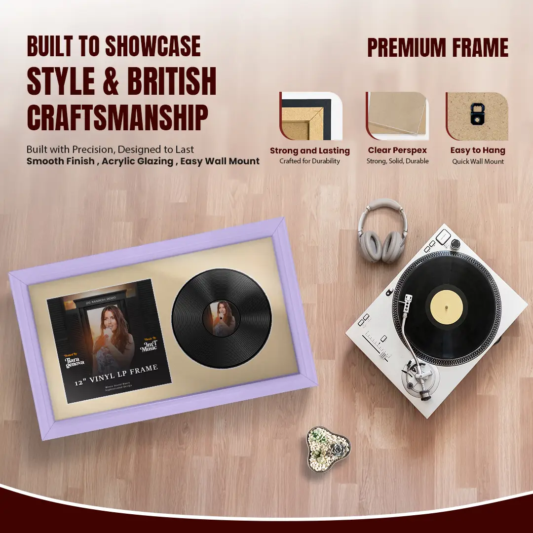 30x17" Classic Purple Vinyl Record Frame With Ivory Mount | For 12" LP Cover and Disc Side By Side Display thumbnail 2