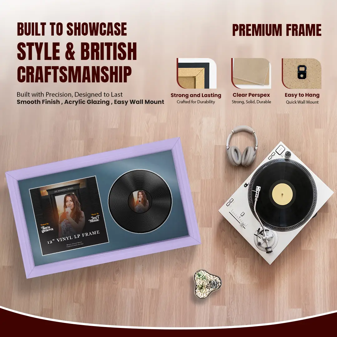 30x17" Classic Purple Vinyl Record Frame With Silver Mount | For 12" LP Cover and Disc Side By Side Display thumbnail 2