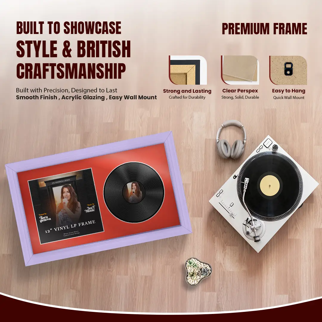 30x17" Classic Purple Vinyl Record Frame With Poppy Red Mount | For 12" LP Cover and Disc Side By Side Display thumbnail 2