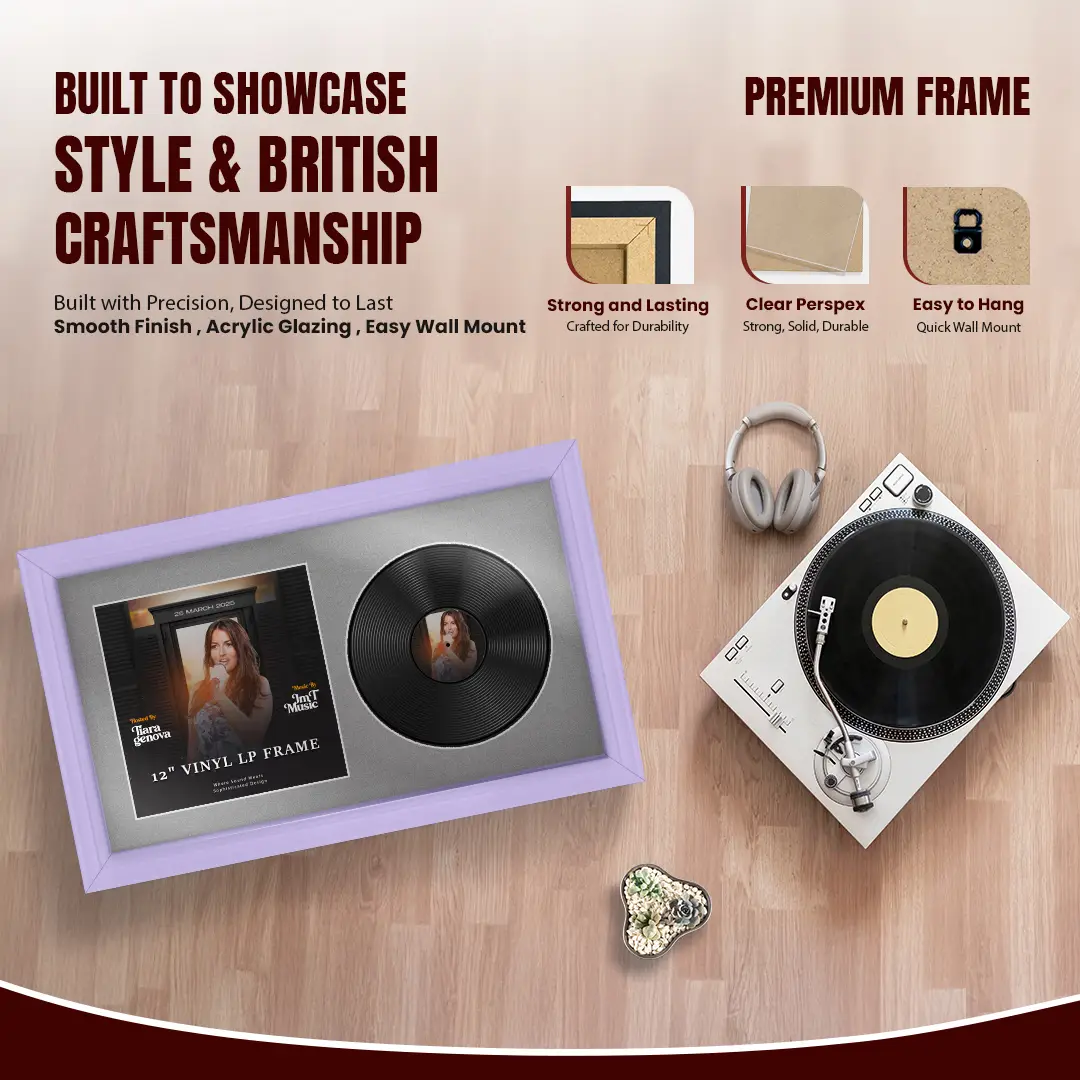 30x17" Classic Purple Vinyl Record Frame With Silver Mount | For 12" LP Cover and Disc Side By Side Display thumbnail 2