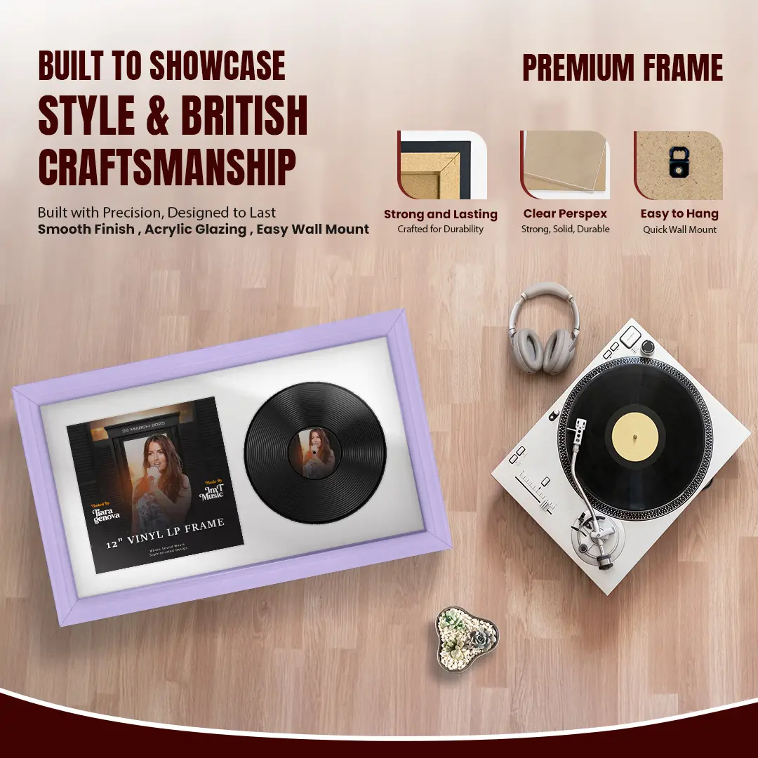 30x17" Classic Purple Vinyl Record Frame With Ice White Mount | For 12" LP Cover and Disc Side By Side Display thumbnail 2