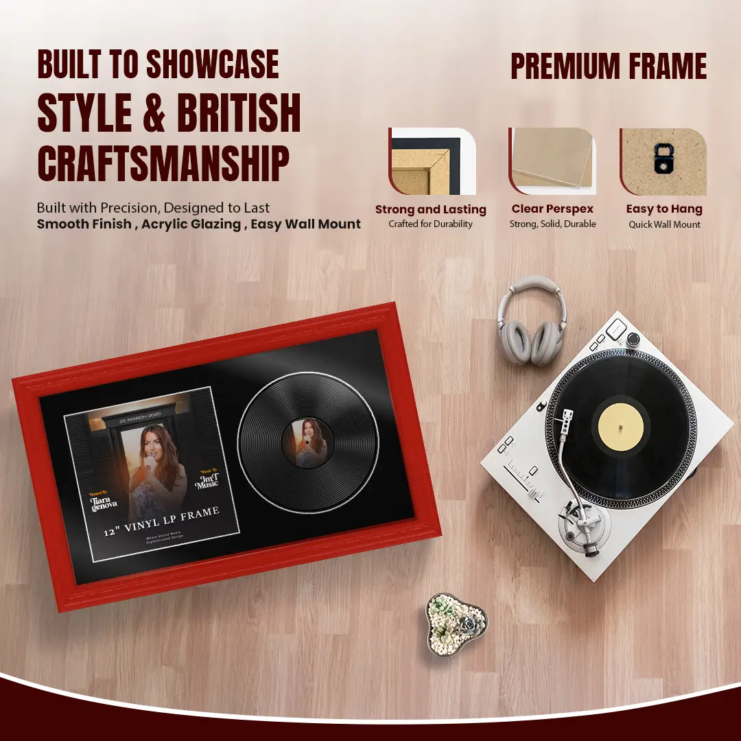 30x17" Classic Vinyl Record Frame With Poppy Red Mount | Side by Side 12" LP Cover & Disc Display thumbnail 2