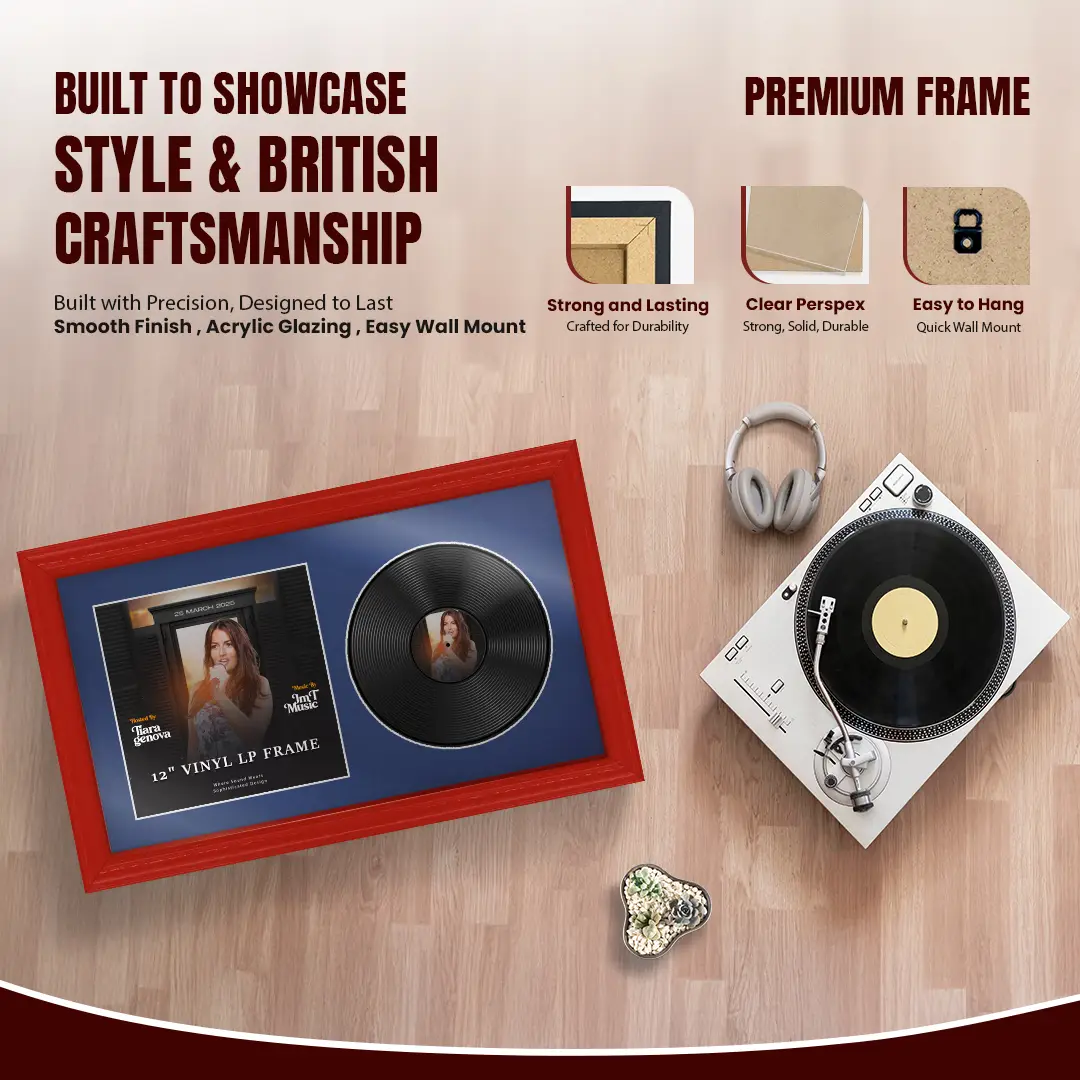 30x17" Classic Red Vinyl Record Frame With Blue Mount | For 12" LP Cover and Disc Side By Side Display thumbnail 2
